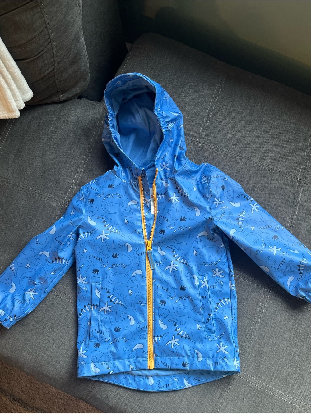 Cat & Jack Blue Dino Hooded Rain Jacket with Yellow Zip